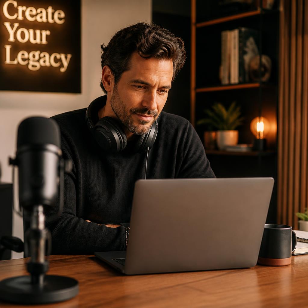 A podcaster reviewing his generated marketing content on a laptop