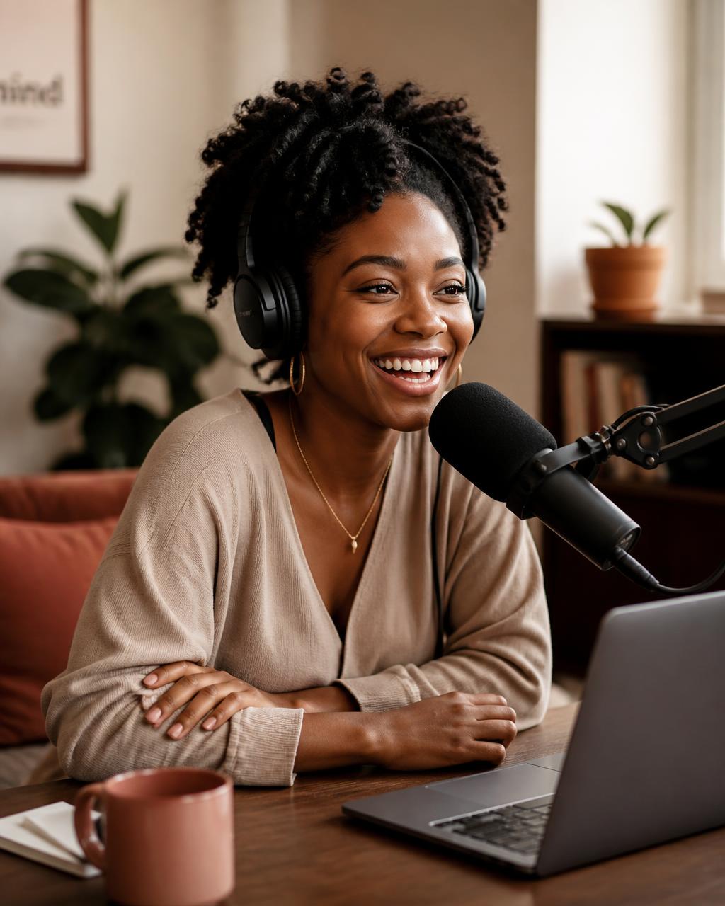 A podcaster recording an episode at her microphone in a warm home studio